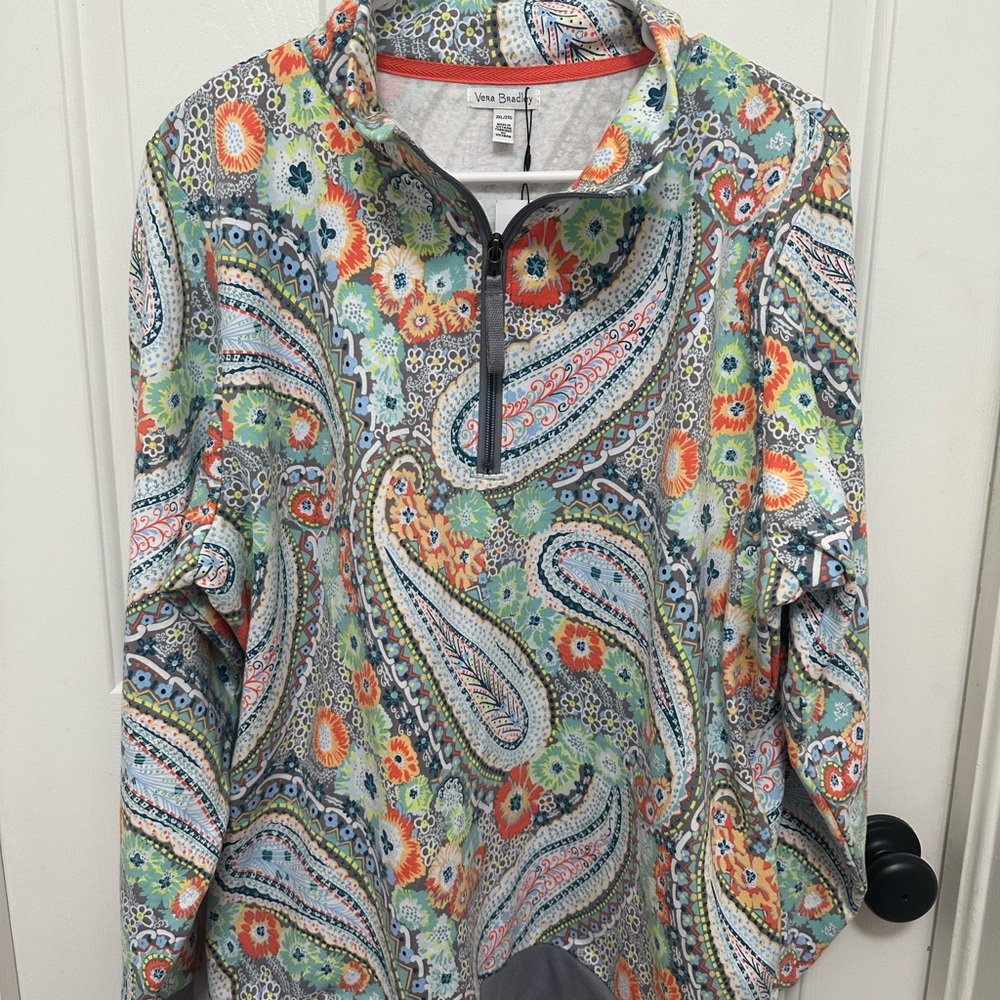 0047 Vera Bradley Paisley Floral Half-Zip Pullover in Green, Orange &‎ Blue 2XL